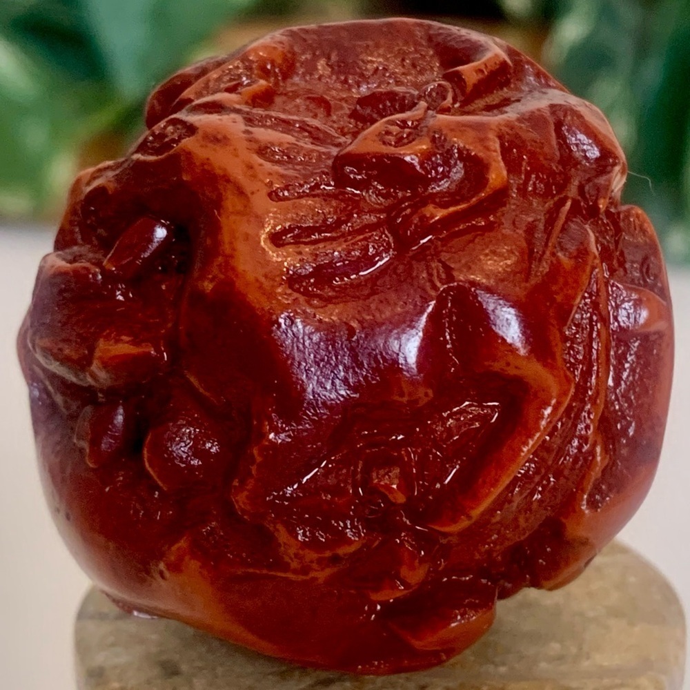 Red Faux Amber Carved Chinese Zodiac Ball 12 Animals Horse Rat Monkey Ram 1.8"